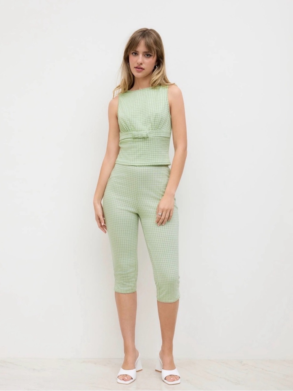 Cider Light Green Gingham Cropped Jumpsuit